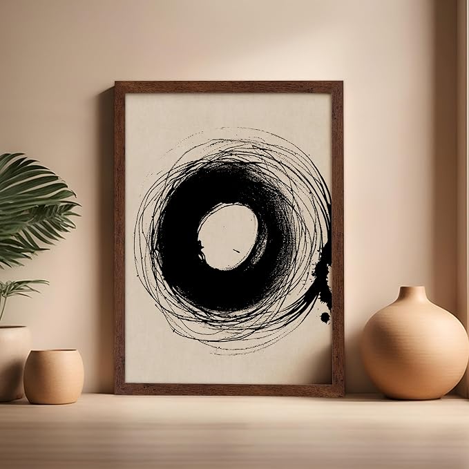 Poster Master Handmade Circle Drawing Poster - Ink Brush Print - Drawing Art - Sketch Design - Abstract Illustration - Great Bedroom or Living Room Wall Decor - 16x20 Brown Framed