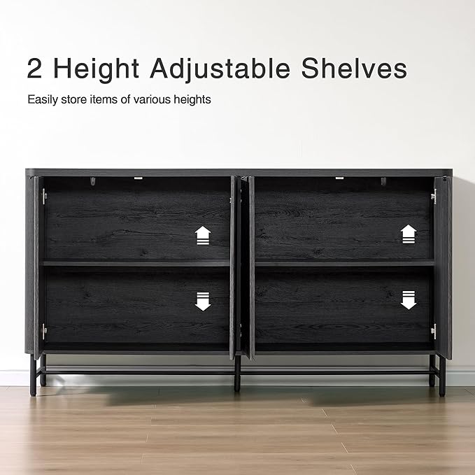 65" Large Sideboard Buffet Cabinet with Storage,Modern Fluted Credenza with Doors & Adjustable Shelves,Accent Coffee Bar/TV Console for Dining Room & Living Room,Black Gray
