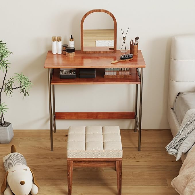 100% Solid Wood Desk, 31.5" Writing Computer Desk for Small Spaces, Vintage Home Office Desks, Mid Century Modern Desks with Thickened Stainless Steel Legs for Study, Makeup & Workstation (Cherry)