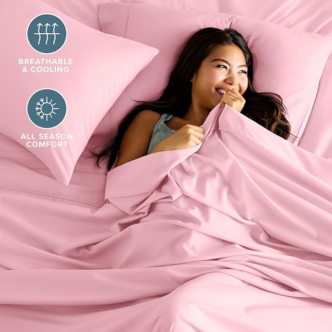 Bare Home Queen Sheet Set - 1800 Ultra-Soft Microfiber Queen Bed Sheets - Double Brushed - Deep Pockets - Easy Fit - 4 Piece Set - Bedding Sheets & Pillowcases (Queen, Light Pink)