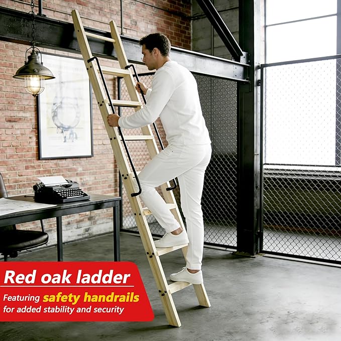 96in Attic Rolling Library Ladder, 8 Step Wooden Ladder with,Loft Ladder Bookshelf,Wall Stairs Red Oak Stair Platform Bunkbed Ladder,for Home Kitchen,Warehouses,Bookstore,DIY Stain