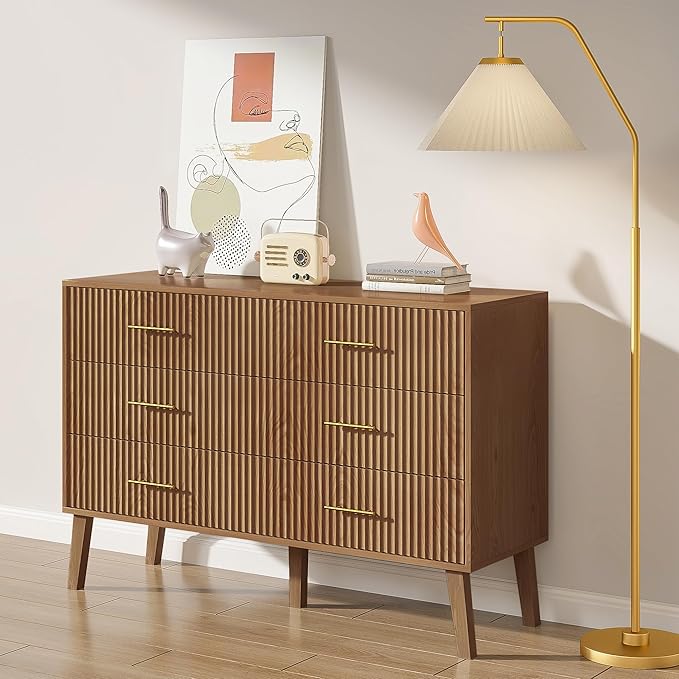 Accent 6 Drawer Dresser, Modern Closet Dressers Chest of Drawers with Fluted Panel, Living Room Bedroom Nursery Entryway and Hallway (Walnut)