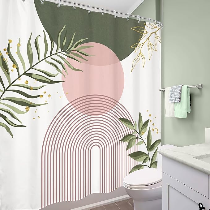 Green Pink Boho Shower Curtain 72Wx72H Modern Bohemian Abstract Sage Green Gold Leaves Plant Botanical Minimalist Bathroom Decor Geometric Neutral Bath Curtain Fabric Polyester 12 Pack Hook