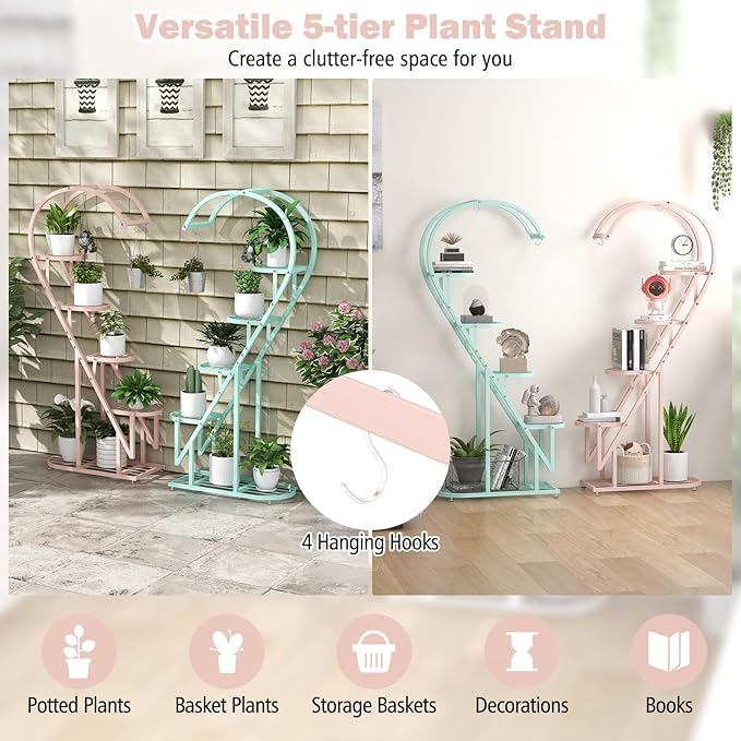Giantex 5 Tier Metal Plant Stand Indoor, Creative Heart-shaped Ladder Plant Shelf with Hanging Hook for Multiple Plants, Tiered Flower Display Shelf, Tall Plant Stand for Valentine's Day Home Holiday