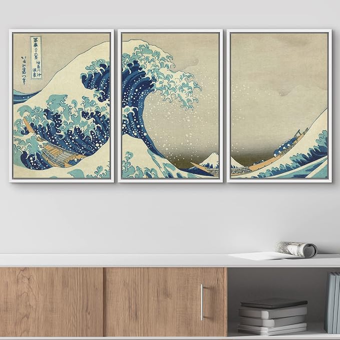 wall26 Framed Canvas Print Wall Art Set The Great Wave Off Kanagawa by Hokusai Cultural Historic Oil Painting Fine Art Reproduction Scenic Colorful for Living Room, Bedroom, Office - 16"x24"x3 White