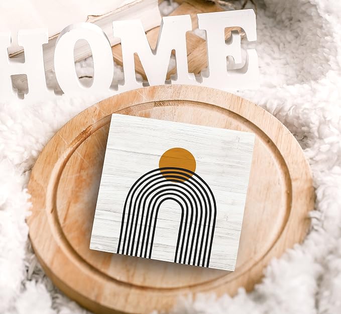 SRADMO Boho Sun Rainbow Abstract Geometric Balance Arch Shapes Wood Box Sign Desk Decor, Boho Mid Century Modern Art Wooden Block Box Sign Decoration For Home Office Shelf Table Decor