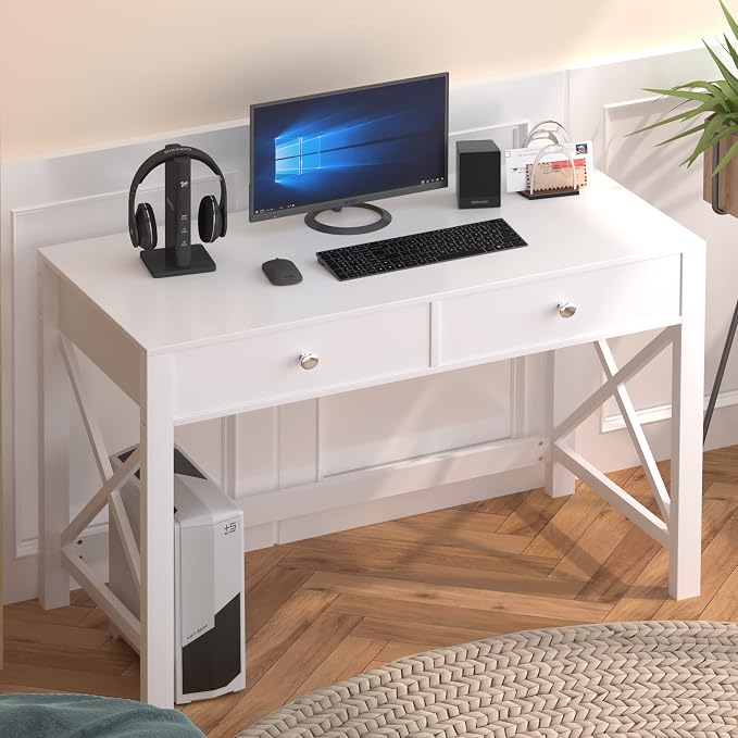 WiberWi Home Office Desk with Drawers, Modern Writing Computer Desk for Bedroom, Small Makeup Vanity Table Study Table for Home Office,White