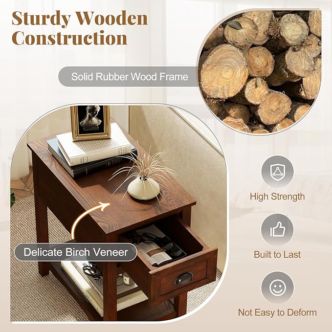 Giantex End Table with Drawer, Retro Narrow Side Table, Nightstand with Solid Wood & Stroage Shelf, Bedside Table for Living Room Bedroom Small Space Home Office (1, Walnut)