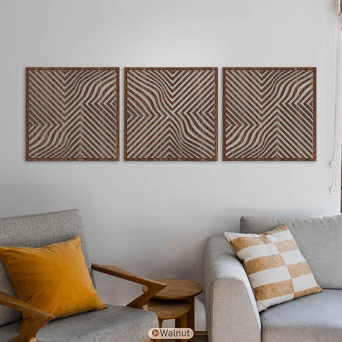 Large Abstract Art featuring Geometric Optical Wave Wood Wall Decor, Mid Century Modern Wooden Wall Panels, Triptych Home Accents Gift for Living Room and Bedroom