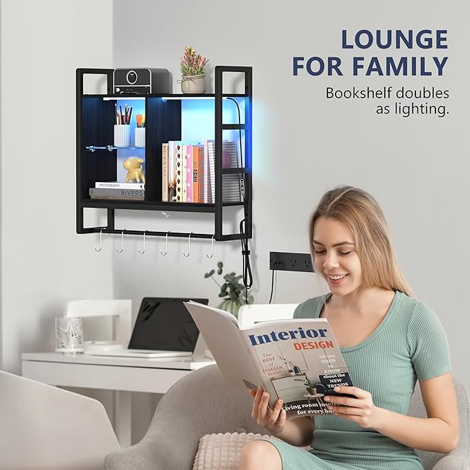 34" LED Wall Mounted Shelf - Gaming Floating Shelves 3 Tier Display Rack with Adjustable Glass Shelf and 6 S-Hook Wood Wall Mounted Shelves for Bathroom Wall Living Room Deco,Walnut Color