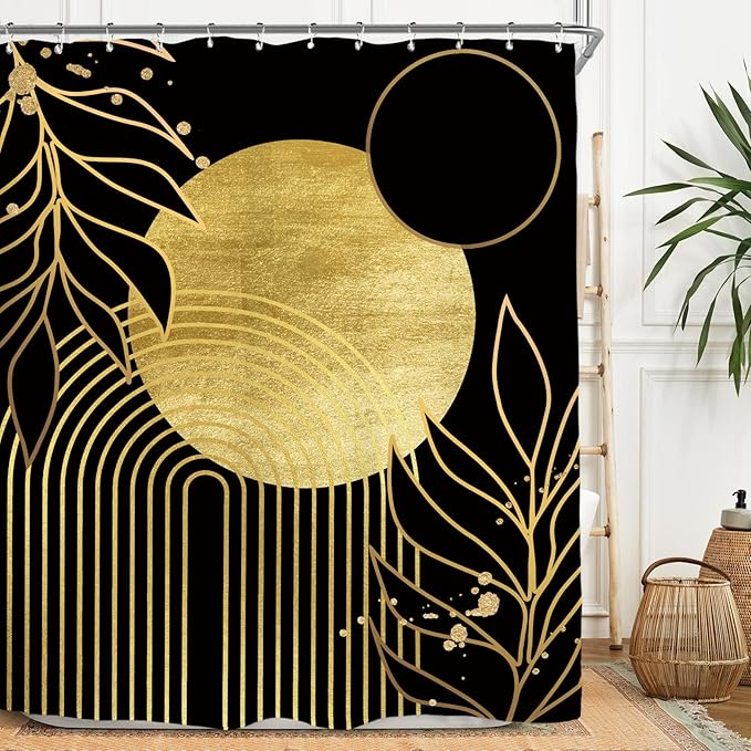 Miyotaa Abstract Black Gold Shower Curtain Set 60Wx71H Inches Minimalist Aesthetic Modern Contemporary Plant Leaves Neutral Polyester Waterproof Cloth Bathroom Curtain with 12 Hooks