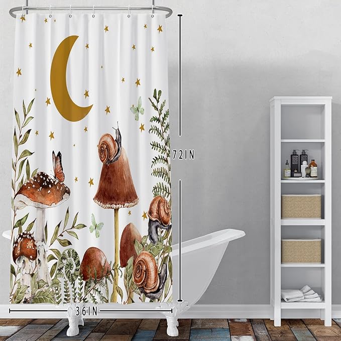 Baocicco Mushroom Shower Curtain Cute Retro Mushrooms Butterfly Snails Botanical Moon Stars Shower Curtains Decorative for Bathroom Waterproof Fabric Shower Curtain with Hooks 36x72 Inches