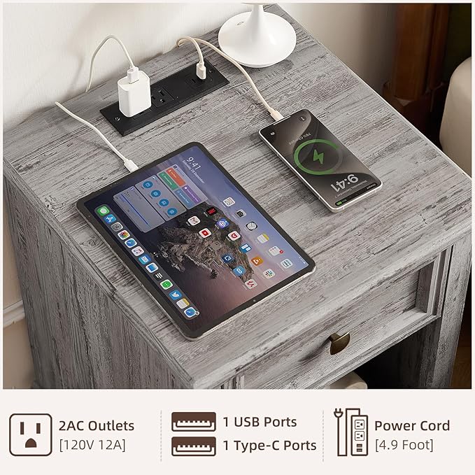Farmhouse End Tables Living Room with Drawer, Rustic Wood Nightstand with Charging Station, Bedside Table with Open Shelf for Bed Room, Living Room, Grey