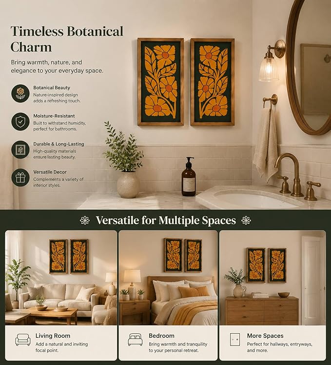 pechpell 2pcs Mid Century Modern Wall Decor, 15.7x7.9in Wooden Floral Mcm Abstract Wall Art, Orange Flower Prints Pictures Rustic Bedroom Bathroom Living Room Gallery Decorations For Home