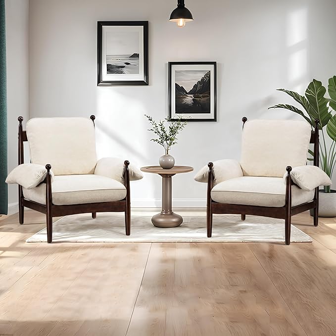 AQO Mid Century Modern Accent Chair with Arms, Upholstered Spindle Chair with Wood Frame, High-Resilience Sponge Cushion for Living Room Bedroom Office