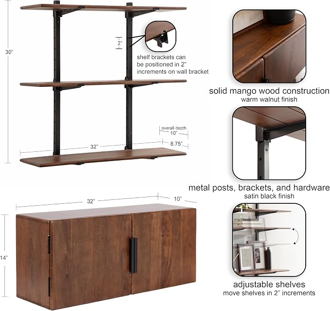 Kate and Laurel Atwood Modern Mango Wood Two-Door Wall Cabinet and Shelf Set, Walnut Brown, Decorative Storage Cabinet with Tiered Wall Shelves for Use as Cohesive Bar Storage Unit