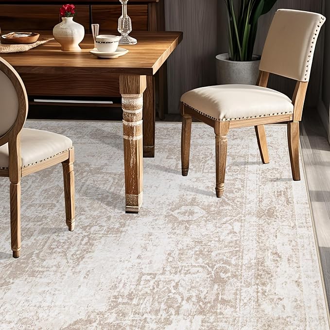Area Rug 6x9 Vintage Rug: Washable Indoor Medallion Rugs Low Pile Distressed Floor Carpet Retro Accent Rug for Living Room Bedroom Kitchen Dining Table Home Office(Beige, 6'x9')
