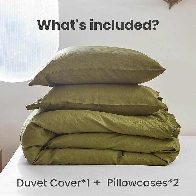Simple&Opulence 100% Linen Duvet Cover Set 3pcs with Coconut Button Closure Natural French Washed Flax Solid Color Soft Breathable Farmhouse Bedding - Olive Green, Queen Size