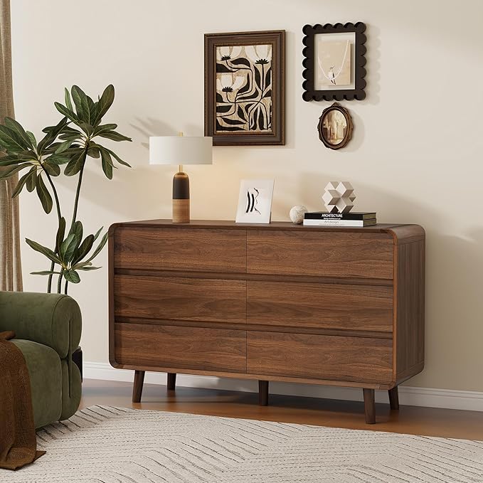 Mid Century Modern Dresser for Bedroom, 47'' Wide Dressers & Chests of Drawers with 6 Storage Drawers, Dark Walnut Dresser Wood TV Stand for Living Room, Closet
