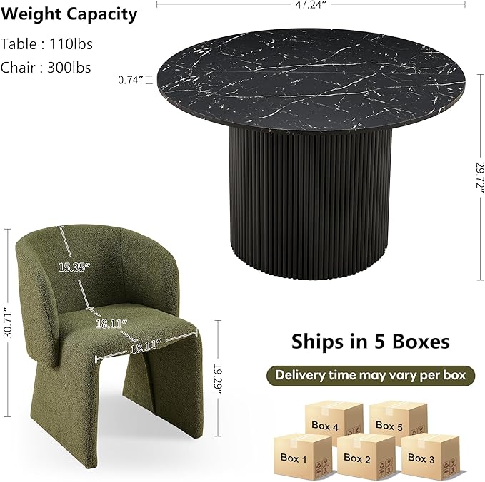 NORDICANA 5-Piece Round Dining Table Set for 4, Modern 47-Inch Kitchen Table and Chair Set, Dining Set with Dark Green Upholstered Armchairs, Manufactured Wood Top with Black Marble Effect Finish