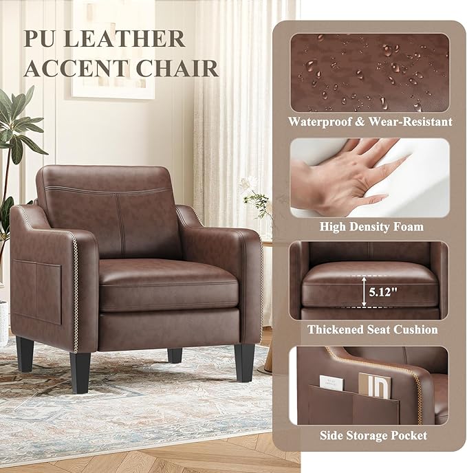 MALOL PU Leather Accent Chair, Mid-Century Modern Living Room Armchair Sofa with Removable Cushions, Solid Wood Frame & Stitched Armrest Design, Bedroom Chair with Plastic Legs, Chocolate Brown