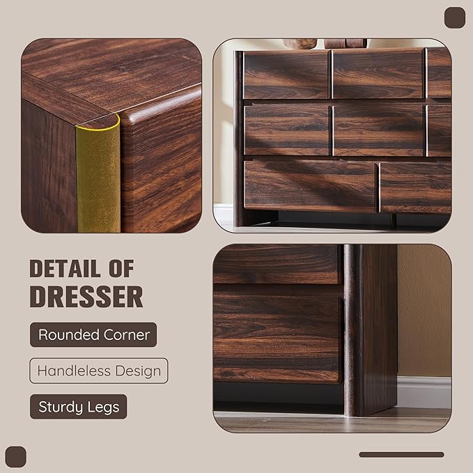 Modern 8 Drawers Dresser for Bedroom, 55" Wide Dresser w/Large Storage & Rounded Corner, Wood Handleless Chests of Drawers w/Natural Texture for Bedroom, Hallway, Living Room-Brown