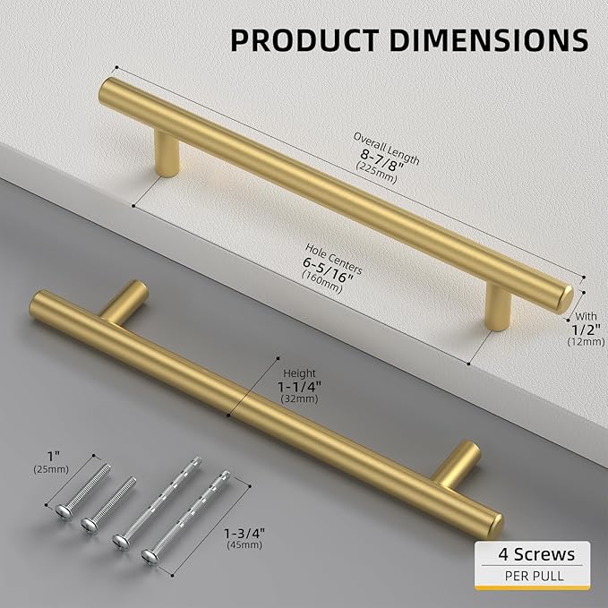 Goldenwarm 45 Pack 6-1/4 inch Gold Cabinet Handles Brushed Gold Cabinet Pulls Stainless Steel Drawer Pulls, Durable Kitchen Cabinet Handles - Bathroom Bedroom Dresser Handles Easy DIY Upgrade