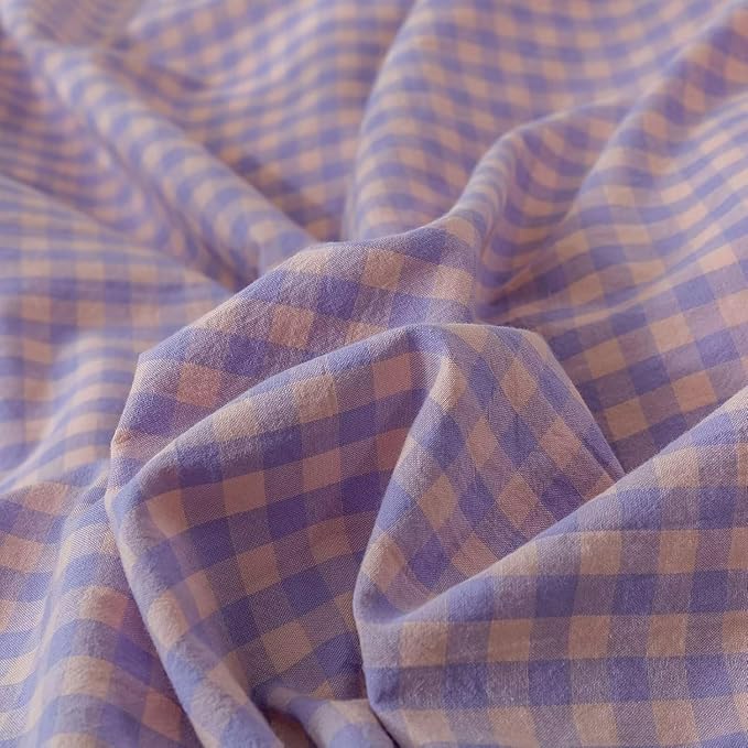 mixinni Purple Gingham Grid Duvet Cover Full, 100% Washed Cotton Modern Geometric Bedding Set with 2 Pillowcases, Farmhouse Style Yellow Plaid Comforter Cover Set for Men & Women, Soft & Lightweight