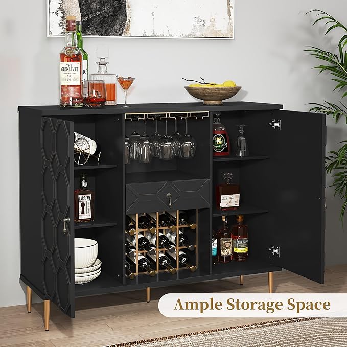 Modern Bar Cabinet with Drawer, Liquor Cabinet with Wine Glass Racks and Shelves, Geometric Door Buffet Sideboard for Dining Room, Living Room, Kitchen, Black