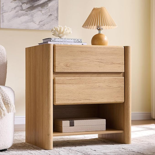 25" Tall Modern Nightstand with Charging Station, 23.6" W Nightstand with 2 Storage Drawers & Open Shelf, Wood Night Stand w/Rounded Corner Design for Bedroom, Living Room (Natural)