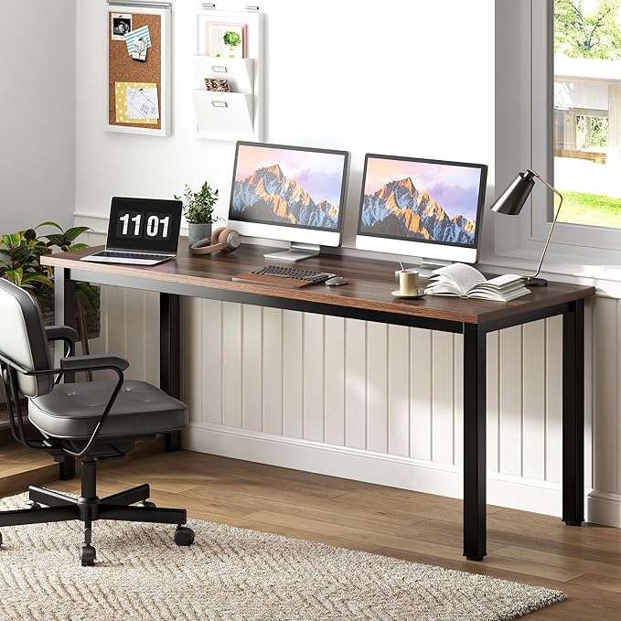 Need 63 Inch Computer Desk, Modern Simple Home Office Desk with Large Legroom, Gaming Writing Work Table for Study, Sturdy Black Metal Frame, Walnut Finish