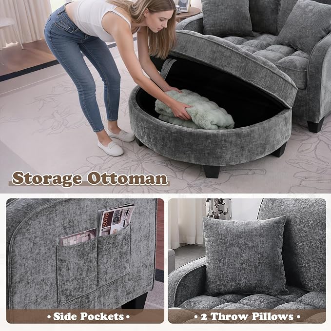 Oversized Chaise Lounge Chair Indoor with Ottoman, Chenille Tufted Comfy Loveseat Sofa Chair with Adjustable Backrest, Fluffy Recliner Sofa, Convertible Couch Sleeper Bed for Living Room(51"W, Grey)