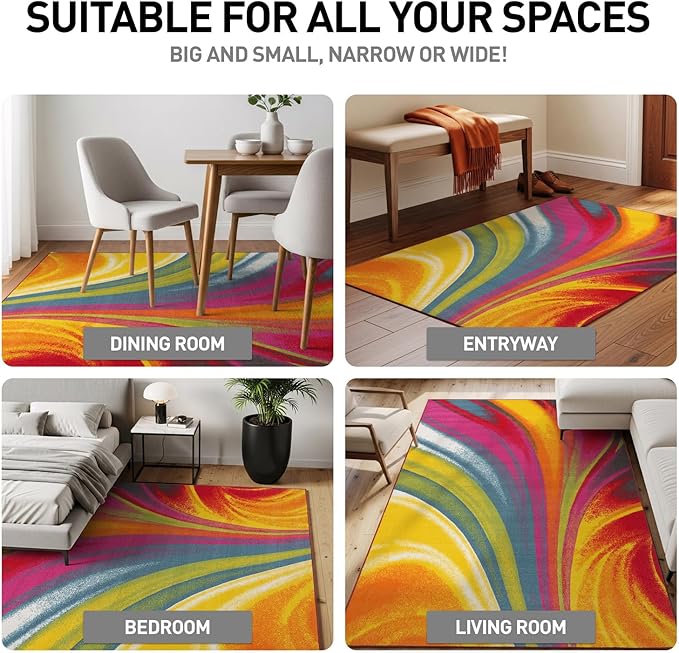 Rugshop Multi Waves Non Slip Contemporary Abstract Large Rug Fade Resistant for Living Room, Office and Dining Room, 6'6" x 9'
