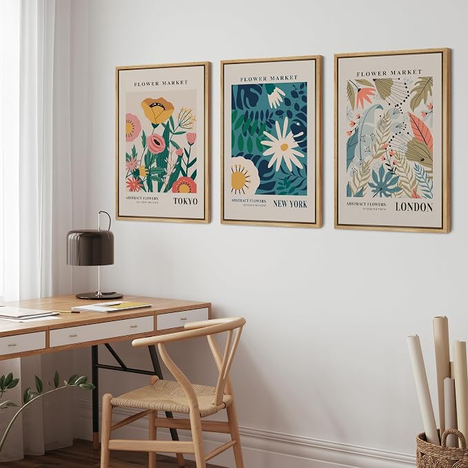 wall26 Framed Canvas Print Wall Art Set Colorful Flower Market Exhibition Prints Nature Wilderness Illustrations Modern Art Decorative Floral Botanical Minimal Calm for Bedroom - 16"x24"x3 Natural