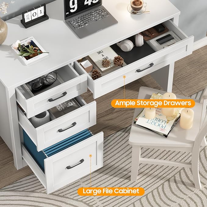Vabches Farmhouse 47" Executive Desk with File Drawer, Wood Computer Desk with 3 Storage Drawers, Workstation for Home Office, Study, Writing.White.