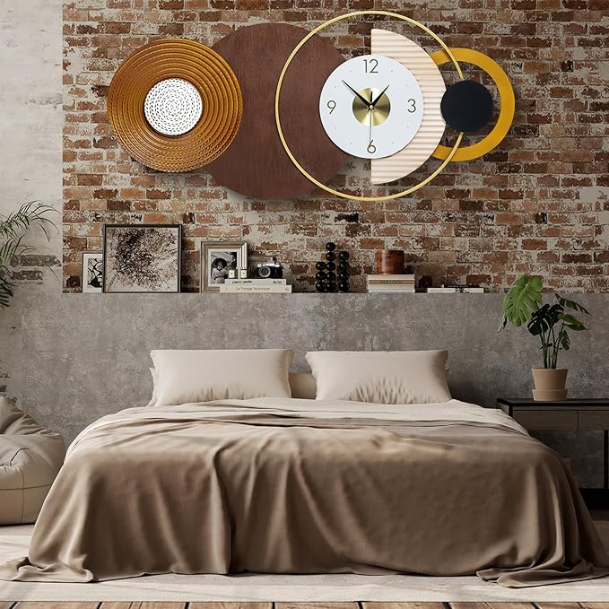 32x16 inch Large Modern Mid-Century Wall Clock - Non-Ticking Silent Metal and Wood Brown Decorative Clock, Battery Operated Analog Clocks for Living Room, Bedroom, Home Decor