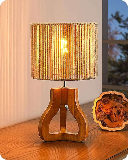 EDISHINE Small Table Lamp, Rose Wood Tripod Nightstand Lamp, Handwoven Paper Rope Shade, 14.6" Rattan Bedside Lamp for Bedroom Living Room, Office, On-Off Line Switch, E26 Base(Bulb Not Included)
