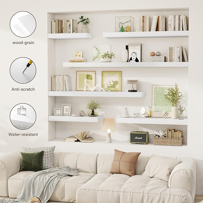 72 Inch Floating Shelves, 12" Deep Floating Shelf Wall Mounted, 72" Wall Shelves, Rustic Deep Bookshelf, Extra Deeper & Thicker Display Shelves for Bedroom, Living Room, White, Set of 1