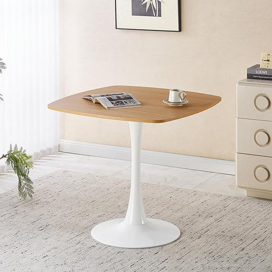 31.5 Inch Square Dining Table for 2 to 4 Person Mid Century Modern Tulip Table with Metal Pedestal Base Thick MDF Top for Apartment Kitchen Bistro Office, Oak and White