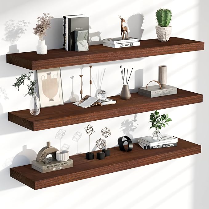 Floating Shelves for Wall, 48 Inch Extra Long Walnut Wall Shelves, Set of 3, Hanging Invisible Brackets Floating Shelves for Living Room,Bedroom,and Kitchen