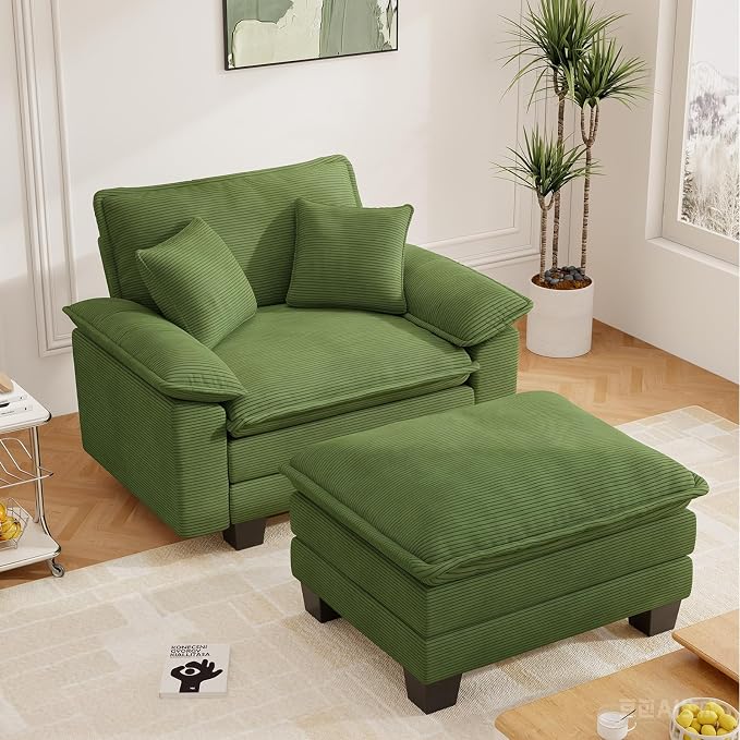 Chaise Lounge Chair Indoor, Oversized Accent Chairs with Ottoman, Luxury Corduroy Upholstered Deep Seat Sleeper Sofa Reading Chairs and A Half with Pillows for Living Room, Bedroom, Apartment, Green