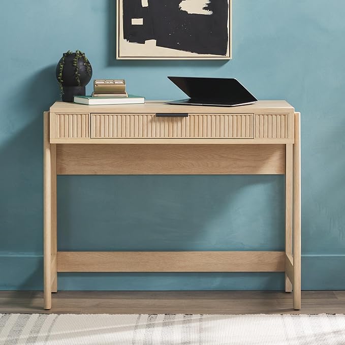 Walker Edison Transitional Style Furniture, Reeded Detail, Lift-Top Desk with Drawer and Storage Cubby, Sitting to Standing Desk, Soft Self-Close Desktop, 38 Inch, Coastal Oak