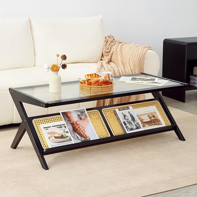 Bamboo Coffee Table, Accent Rattan Coffee Table with Glass Top, Mid-Century Wooden Center Tables, Modern Sofa Side Tea Tables with Storage for Living Room, Black