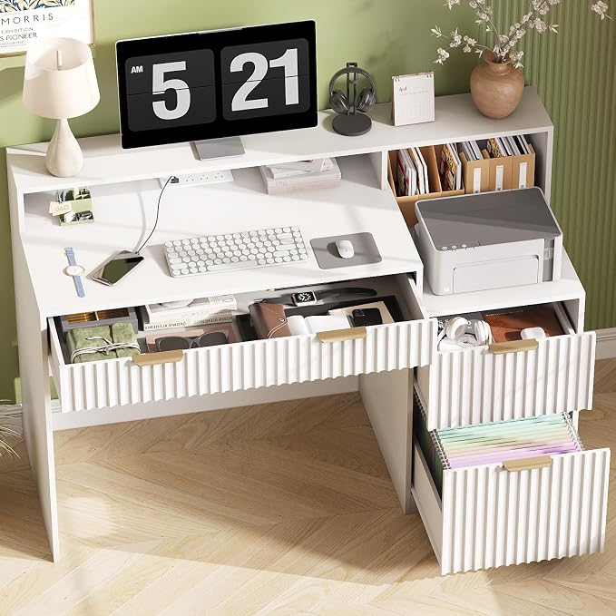 Vabches Fluted Computer Desk with Power Outlets, Home Office Desk with Drawers, Printer Stand, Wood Computer Desk with Long Monitor Stand, White