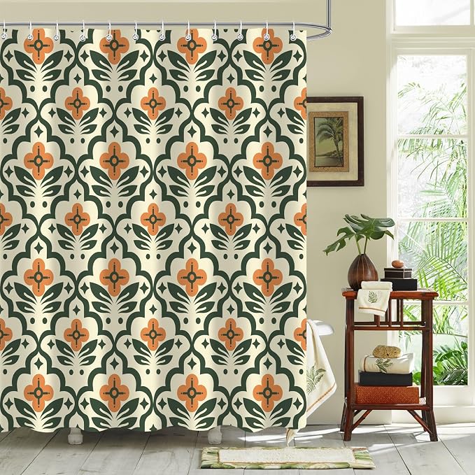 Vintage Boho Floral Shower Curtain，Mid Century Modern Abstract Orange Green Bathroom Curtain，Polyester Fabric Waterproof Bath Curtains 60x72 Inch with 12 Hooks