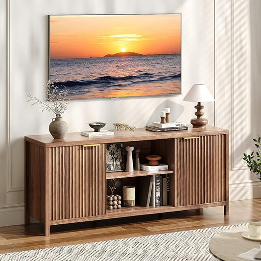 VINGLI 57.8" Fluted TV Stand for TVs up to 70 Inch, Mid-Century Modern Entertainment Center with Adjustable Shelves & Cabinet Storage, Natural Wood TV Stand for Living Room, Walnut
