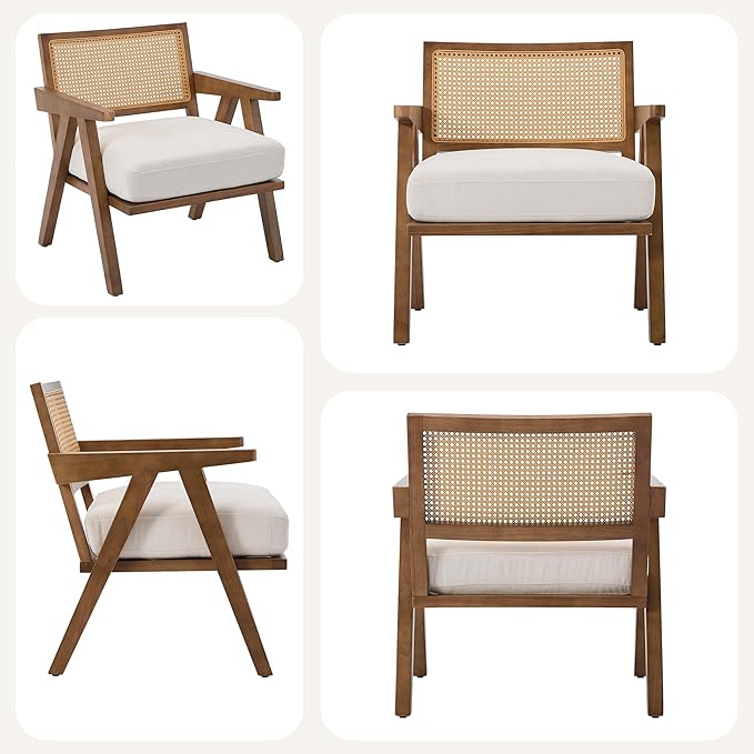 Mid Century Modern Accent Chair, Comfy Living Room Chairs with Sturdy Wood Legs, Rattan Backrest & Beige Thick Linen Cushion, Armchair for Bedroom Balcony Apartment, Beige (2 PCS)