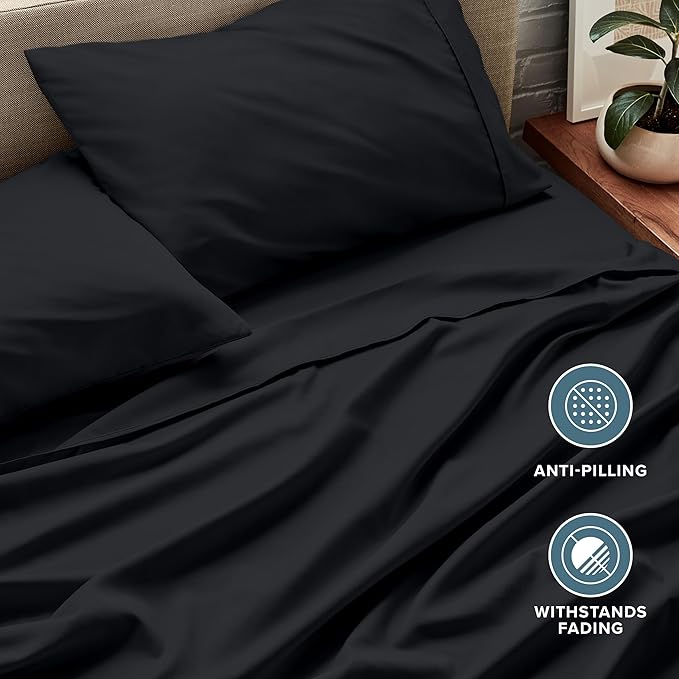 Bare Home Queen Sheet Set - 1800 Ultra-Soft Microfiber Queen Bed Sheets - Double Brushed - Deep Pockets - Easy Fit - 4 Piece Set - Bedding Sheets & Pillowcases (Queen, Black)