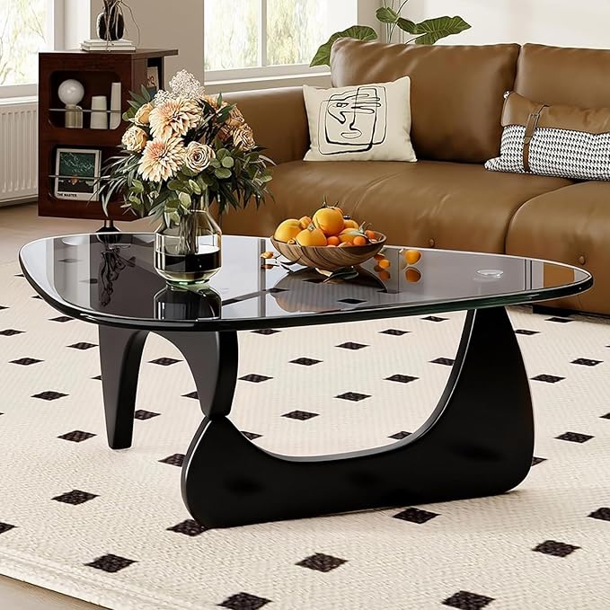Morden Coffee Table, 44.9″×32.3″×15.8″ Coffee Tables for Living Room, with Triangle Tempered Glass Top & Wood, Abstract