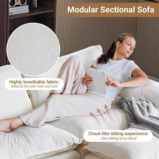 VINGLI 157" Cloud White/Cream Convertible Sectional Sofa, Comfy U-Shape Extra Deep Seat Sofa Couch for Living Room,Modern Chenille 4-Seat Convertible Sofa with 3 Movable Ottomans for Small Space